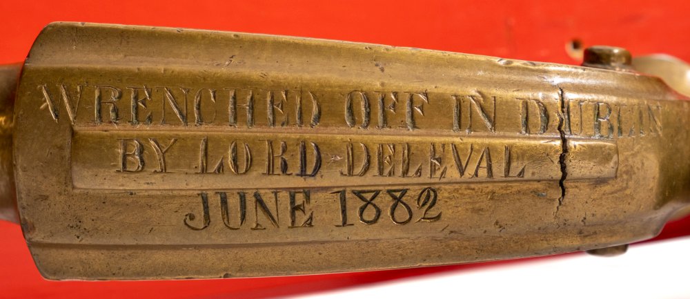 A 19th Century brass Doctor's pattern trophy door knocker: of scroll form, - Image 2 of 3