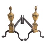 A pair of late 18th Century American (Philadelphia or Baltimore) brass and wrought iron andirons: