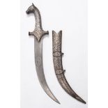 A North Indian khanjar:, the curved damascus blade inlaid to one side with white metal cartouche,