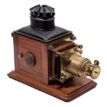 A late 19th century mahogany and brass 'Optimus' magic lantern by Perkinson & Rayment, London:,