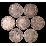 Shillings:- Two William III, 1696 E, two x 1711, 1787.