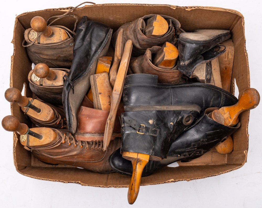 Peal & Co, London and others, three pairs of brown leather boots:, a pair of brown leather shoes,