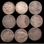 Nine sixpences:- 1703 Vigo, 1741 Roses, 1696, 1698, two x 1757, 1819, 1835, 1902.