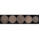 Five Maundy coins including a James II Maundy 2d:.
