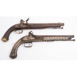 An Indian mother of pearl inlaid flintlock pistol: with plain 11 1/2 inch barrel and sidelock