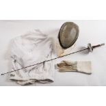 A set of fencing equipment by Leon Paul:, comprising ;- foil, mask, tunic and glove,