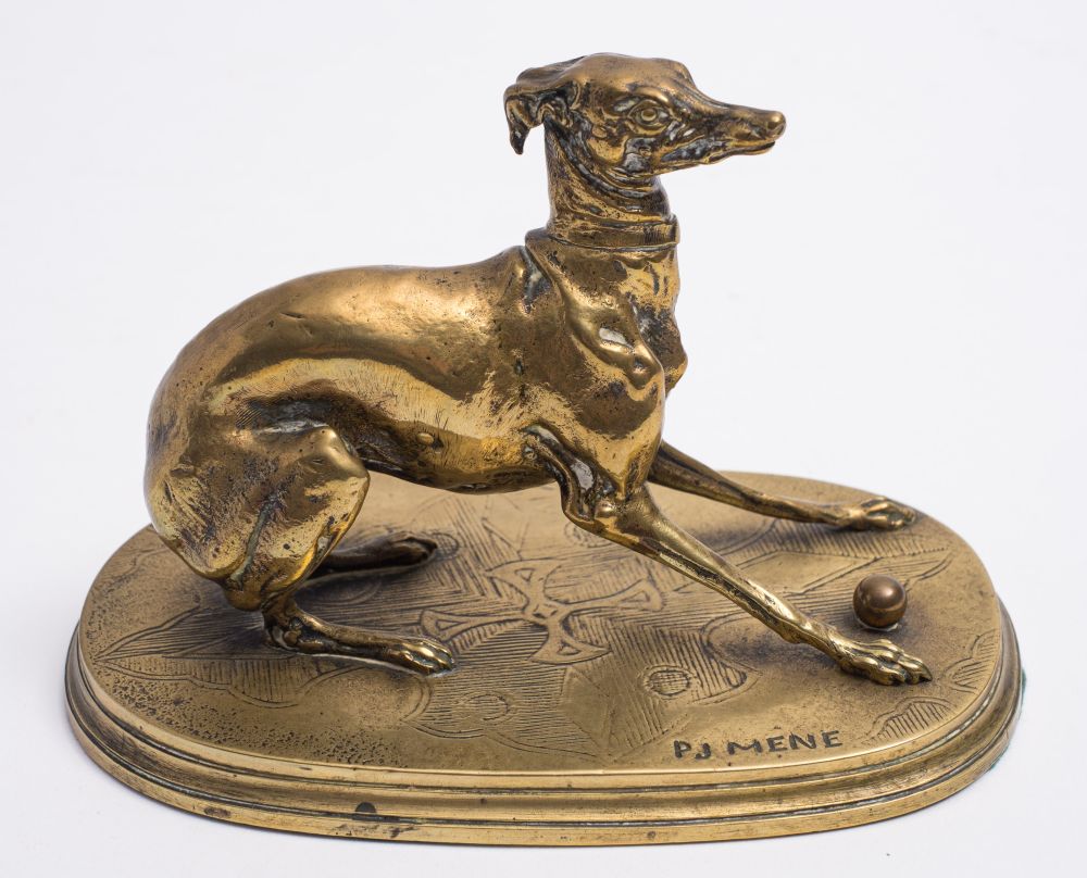 After Pierre-Jules Mene (1810-1879) a brass figure of a greyhound: on an oval base, 10cm high.