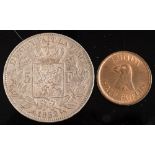 A Lundy half puffin and an 1812 Leopold 5 Franc:,