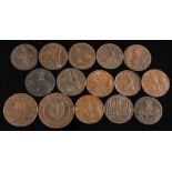 Sixteen various halfpenny tokens including a Wellington token:.