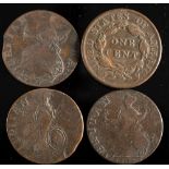 An 1819 US cent and three evasion halfpennies:.