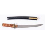 A Japanese tanto:, unsigned, the 12 inch blade over a copper habaki and gilt tsuba,