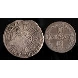 A Charles II 1671 Scottish silver coin and a William III 1696 sixpence:.