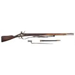 A 19th century Brown Bess flintlock musket:, the 38 1/2 inch plain barrel with sidelock action,