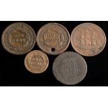 A Nelson halfpenny 1812:, Wellington halfpenny 1843 and 1845 (holed) USA large cents and 1859 cent.