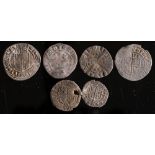 Six hammered coins including an Elizabeth I one penny:.