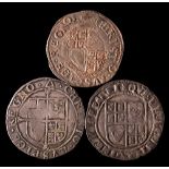 Two Charles I shillings mm tun and triangle and James I shilling mm thistle.