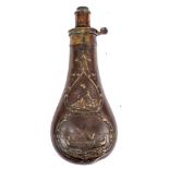 A copper and brass powder flask, by G & J W Hawksley, Sheffield:,