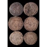 A Charles I sixpence mm tun,: three Elizabeth I sixpences, two James I 1604 and 1614.