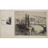 PISSARO, Camille : [ 1830-1903 ] Dry point etching of a bridge over a river, signed C P,
