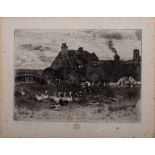 BUHOT, Felix : [ 1847-1898 ] Dry point etching of geese in front of two old cottages,