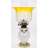A French porcelain zoomorphic lamp: in the form of an owl on a rustic mound base with brass mounts,