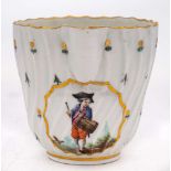 A Caughley milk jug with painting attributed to Fidelle Duvivier: of spirally fluted form,