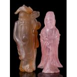 A Chinese carved agate snuff bottle and stopper in the form of Shou- Lao and a rose quartz figure