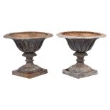 A pair of lead garden urns: of campana form,