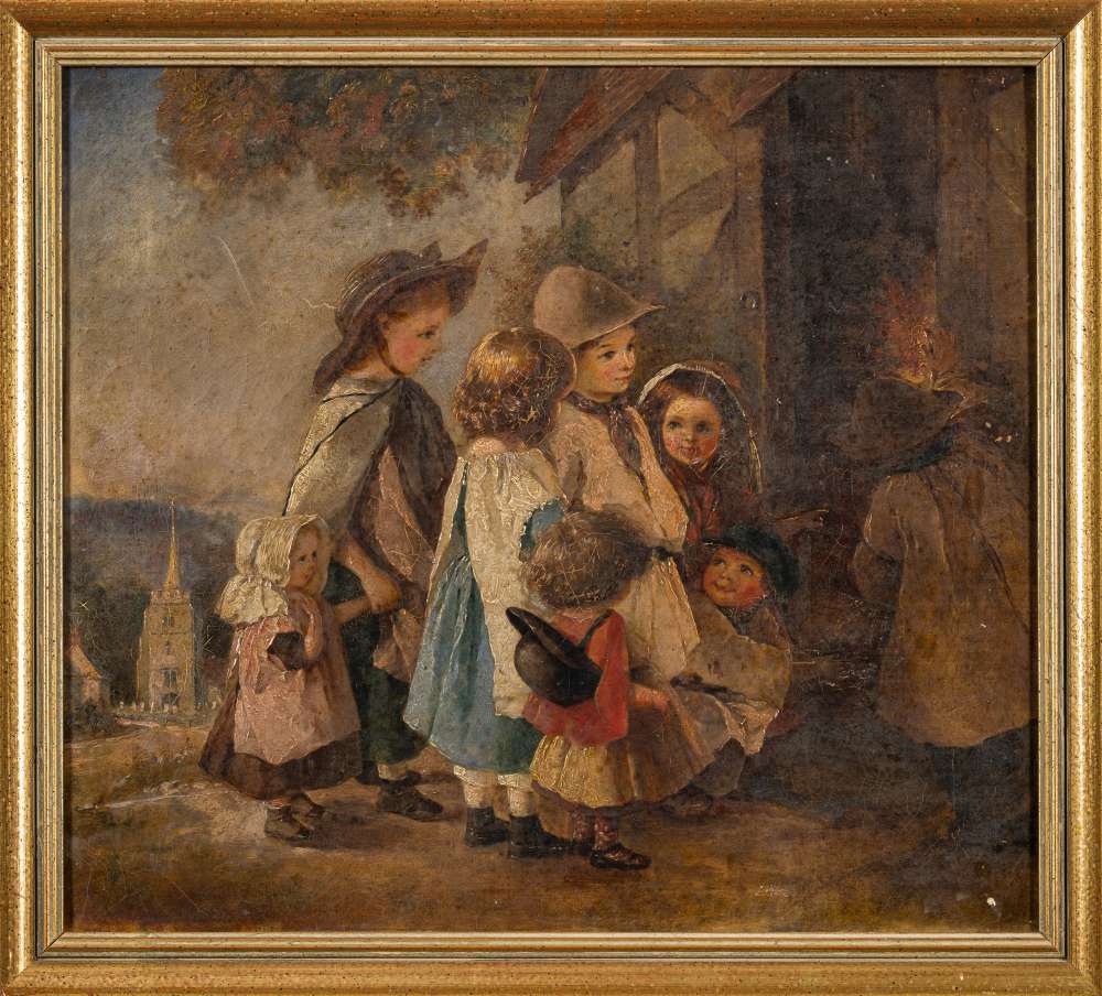 English School 19th Century- Village children at the farrier's door,:- oil on canvas, 40 x 44cm.