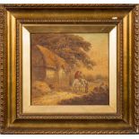 Manner of George Morland [19th Century]- Figures and horse outside a barn,:- with a companion,