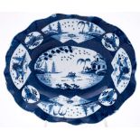 A Bow powder blue ground shaped oval dish and a similar hors d'oeuvres dish: both painted with