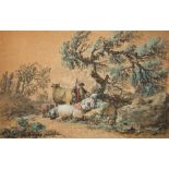 Attributed to Jean Pierre Louis Houel [1735-1813]- Landscape with couple on a track herding cattle