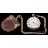 A gentleman's 18ct gold open face pocket watch: the white enamel dial with Roman numerals and