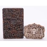 A Cantonese carved tortoiseshell card case: of rectangular outline decorated with figures in a