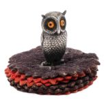 An Edward VII silver owl pin cushion, maker Sampson Mordan & Co Ltd, Chester,