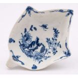 A First Period Worcester blue and white leaf-shaped pickle dish: painted with the 'Two Bird Peony