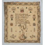 A George IV English needlework sampler: with central religious verse, enclosed by flowering shrubs,
