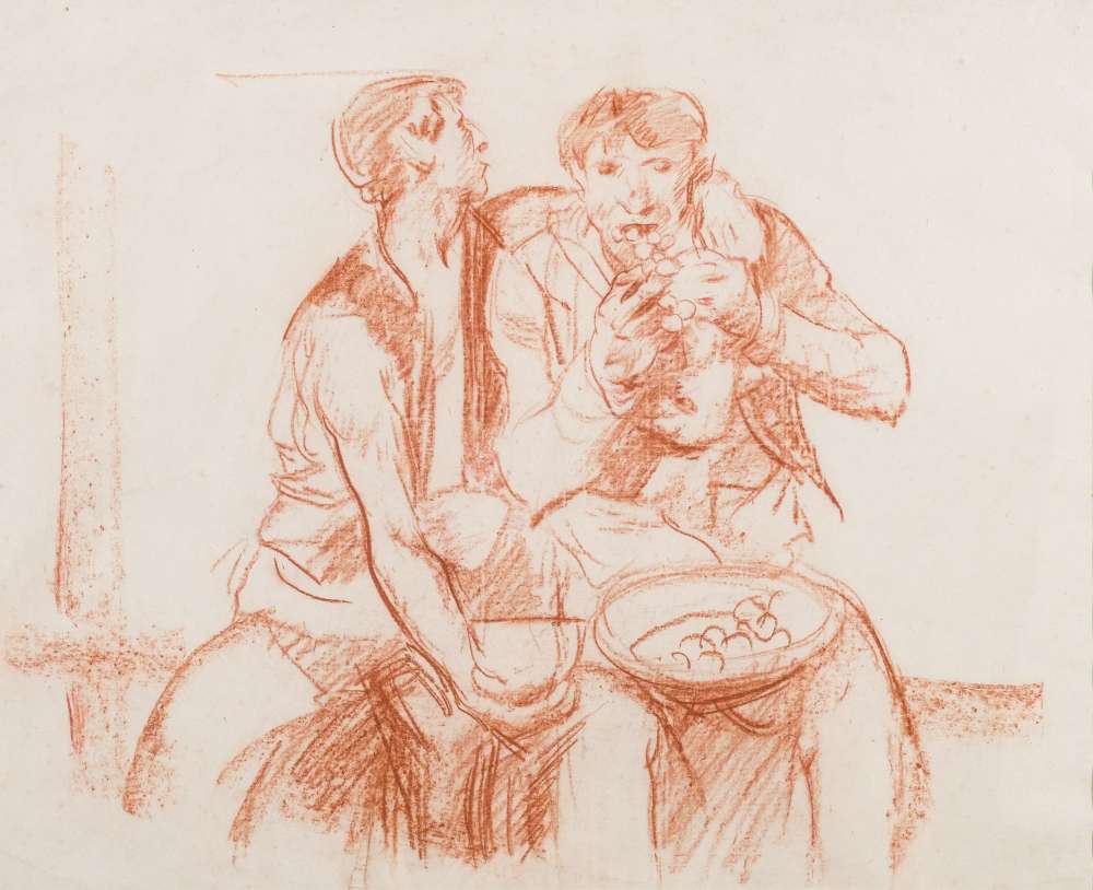 * Frank Brangwyn [1867-1956]- Grape Eaters,:- sanguine chalk drawing 33 x 41cm. *Provenance. - Image 3 of 3