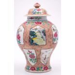 A Chinese famille rose baluster jar and cover: decorated overall in bright enamels with angular