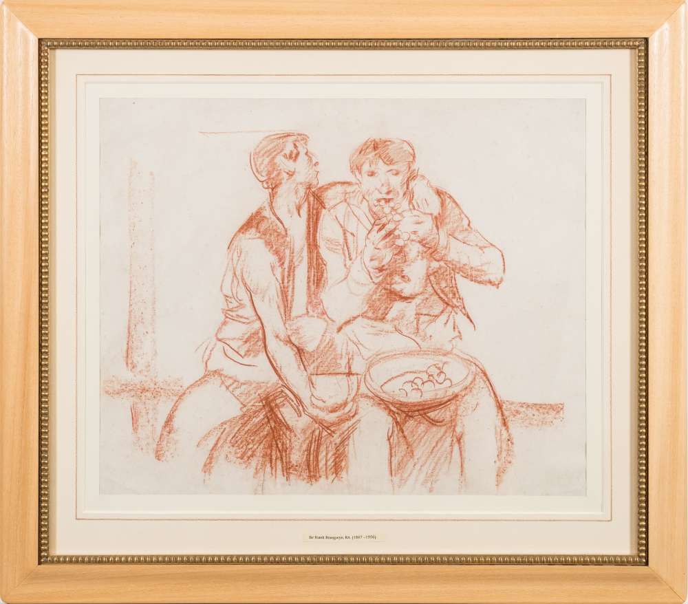 * Frank Brangwyn [1867-1956]- Grape Eaters,:- sanguine chalk drawing 33 x 41cm. *Provenance. - Image 2 of 3