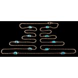 A 9ct gold and turquoise mounted guard chain necklace: of plain trace linking,
