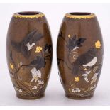 A pair of Japanese inlaid bronze vases: of ovoid form,
