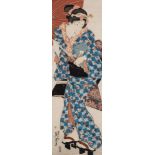 Keisai Eisen A Japanese woodblock print, Young woman walking under an umbrella: 71 x 23cm.