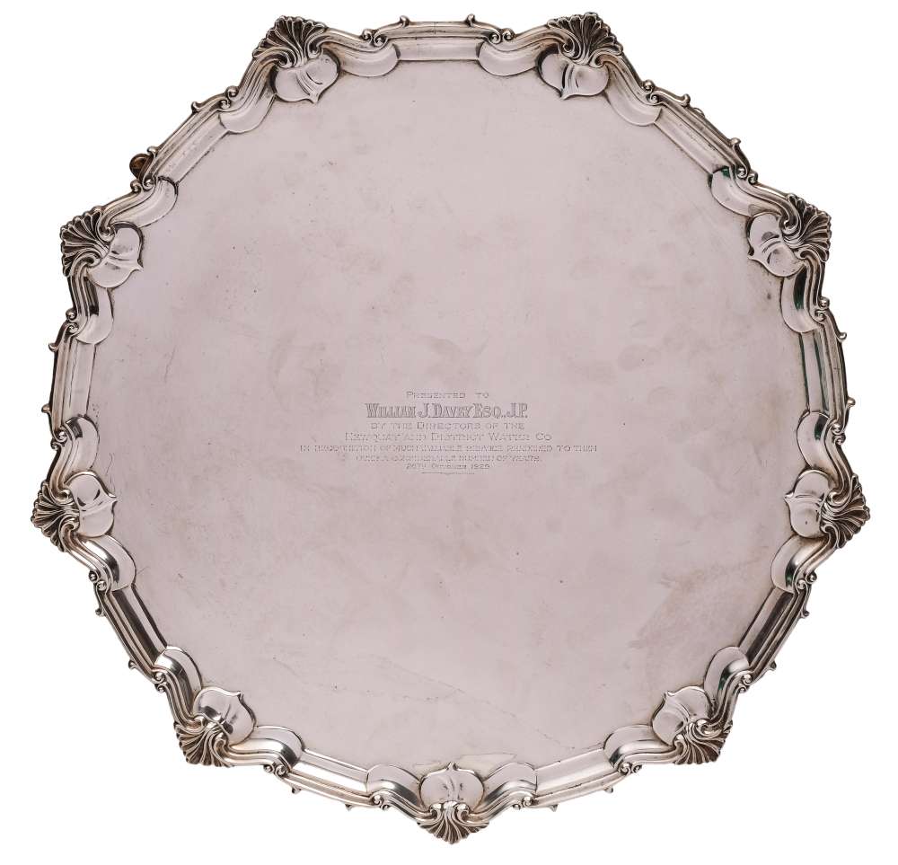 A George V silver salver, maker William Hutton & Sons Ltd, Sheffield,1928: inscribed,