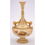 A Royal Worcester porcelain two-handled vase: with long slender neck and ram's head scroll handles,