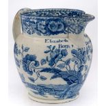 An early 19th century commemorative blue and white pearlware jug: inscribed 'Elizabeth Piper Born 2