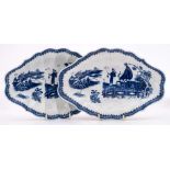 A pair of Caughley porcelain dishes: of shaped and fluted oval form transfer decorated in blue in
