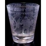 A Dutch soda glass beaker: engraved with two armorial devices,