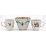 A pair of Champion's Bristol polychrome coffee cups and a green monochrome bowl: the cups painted