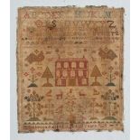 A George IV English needlework sampler: with bands of upper and lower case alphabet and Arabic